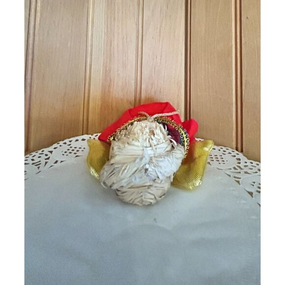 Vintage Angel Christmas Tree Ornament Handcrafted Red Gold Wings Rattan Hair - Picture 4 of 5